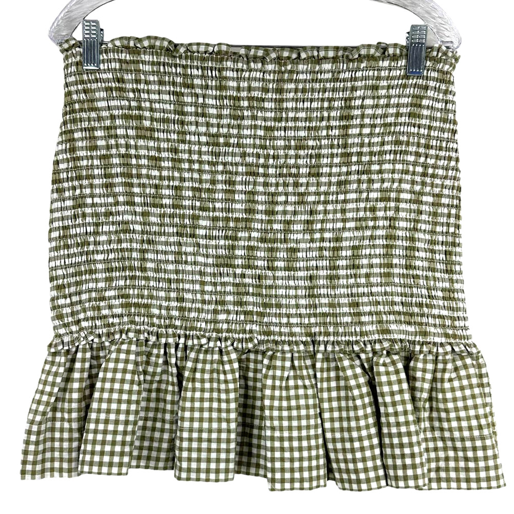 Veronica Beard NWT Aloya Smocked Cotton Mini Skirt Size XL Olive Gingham Ruffle - Picture 3 of 10